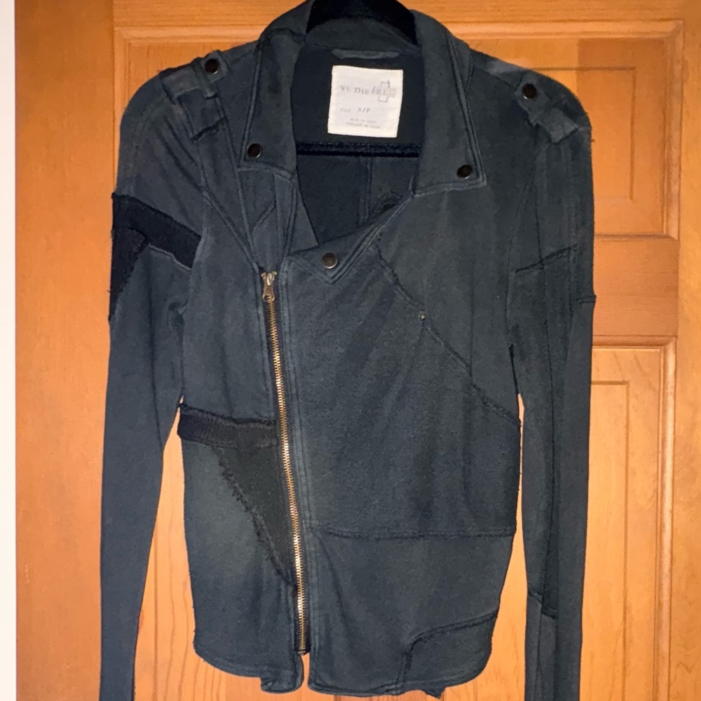 NEW We The Free People Moto Patchwork Zip Knit Black Gray Jacket S